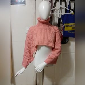 Turtle Neck Pink Crop Top Sweater Knit Long Sleeves Size S